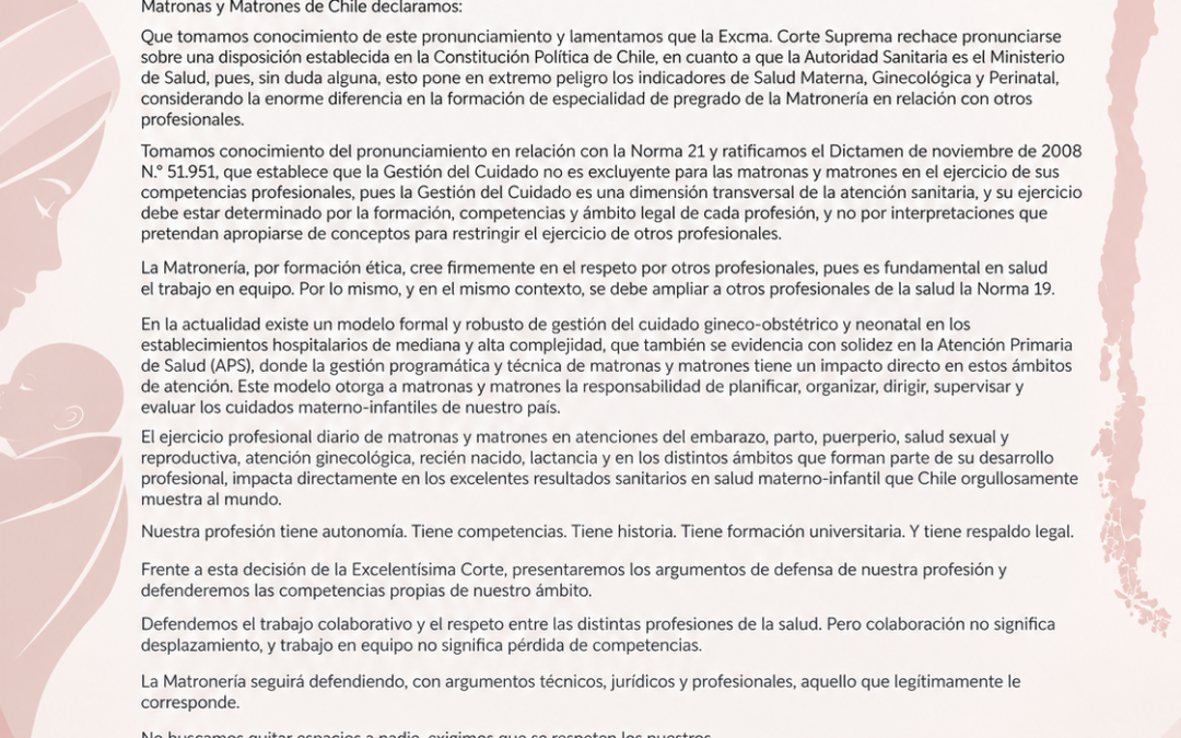 COMUNICADO PÚBLICO: “LA MATRONERÍA TIENE COMPETENCIAS, AUTONOMÍA Y UN CAMPO PROFESIONAL QUE DEBE SER RESPETADO”